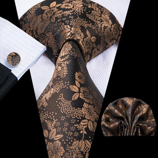 Gold Brown Floral Silk Necktie Pocket Square Cufflinks Set