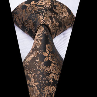 Gold Brown Floral Silk Necktie Pocket Square Cufflinks Set