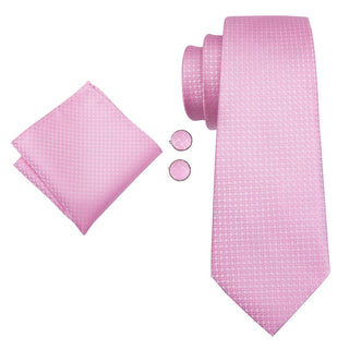 Pink Plaid Men's Silk Necktie Pocket Square Cufflinks Set