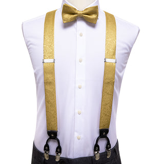 Golden Yellow Paisley Brace Clip-on Men's Suspenders with Bow Tie Set