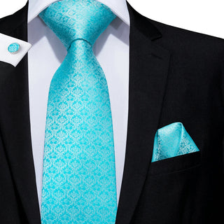 Light Blue Floral Silk Necktie Pocket Square Cufflinks Set