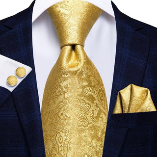 Royal Yellow Paisley Silk Necktie Pocket Square Cufflinks Set