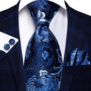 Navy Blue Floral Silk Necktie Pocket Square Cufflinks Set
