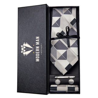 Grey Plaid Silk Men's Necktie Pocket Square Cufflinks Set