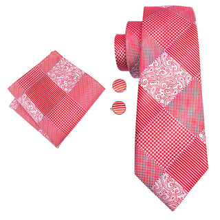 Luxury Pink Plaid Silk Necktie Pocket Square Cufflinks Set
