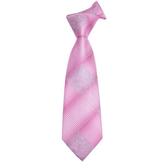 Luxury Pink White Plaid Silk Necktie Pocket Square Cufflinks Set