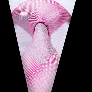Luxury Pink White Plaid Silk Necktie Pocket Square Cufflinks Set