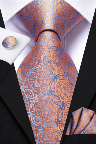 Orange Blue Novelty Silk Necktie Pocket Square Cufflinks Set