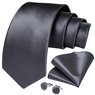 Classic Solid Grey Silk Necktie Pocket Square Cufflinks Set
