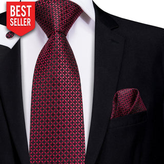Luxury Wine Red Silk Tie Pocket Square Cufflinks Set Neckties