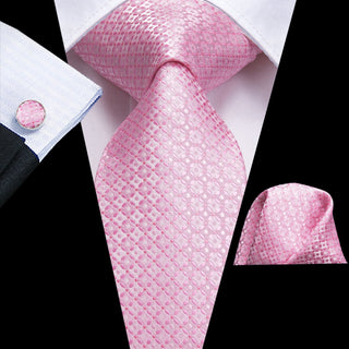 Classic Pink Plaid Silk Necktie Pocket Square Cufflinks Set