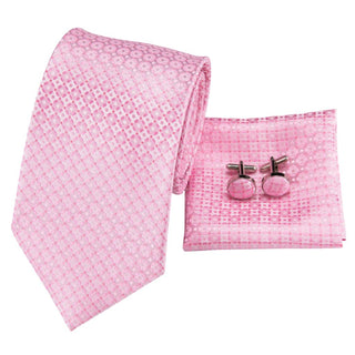 Classic Pink Plaid Silk Necktie Pocket Square Cufflinks Set