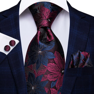 Red Blue Floral Paisley Silk Necktie Pocket Square Cufflinks Set