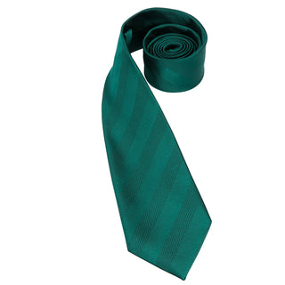 Dark Green Striped Silk Necktie Pocket Square Cufflinks Set