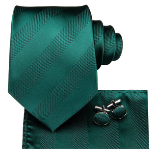 Dark Green Striped Silk Necktie Pocket Square Cufflinks Set