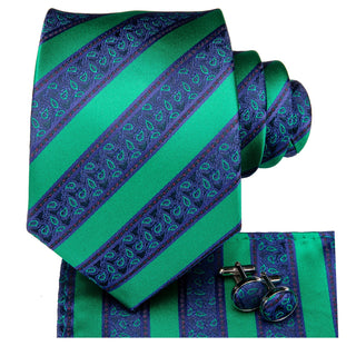 Green Blue Striped Silk Necktie Pocket Square Cufflinks Set