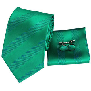 Green Striped Men's Silk Necktie Pocket Square Cufflinks Set