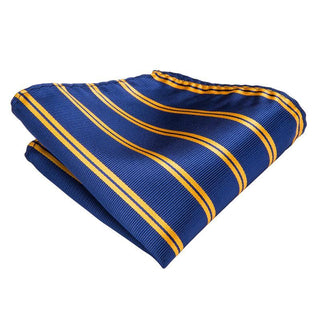 Blue Yellow Striped Silk Necktie Pocket Square Cufflinks Set
