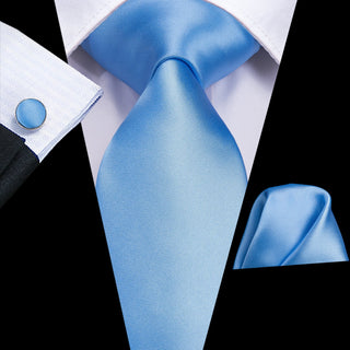 Light Blue Plain Silk Necktie Pocket Square Cufflinks Set