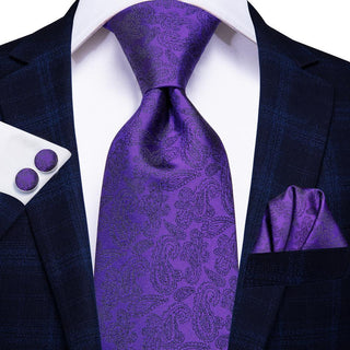 Noble Purple Solid Silk Necktie Pocket Square Cufflinks Set