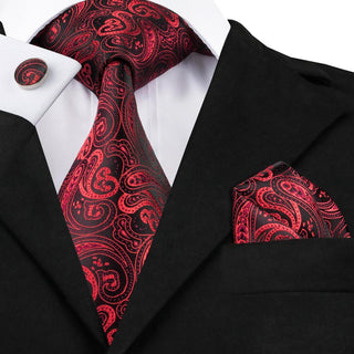 Red Paisley Silk Necktie Pocket Square Cufflinks Set