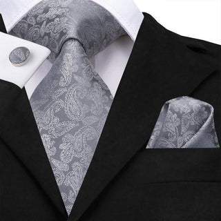 Silver Grey Paisley Silk Necktie Pocket Square Cufflinks Set