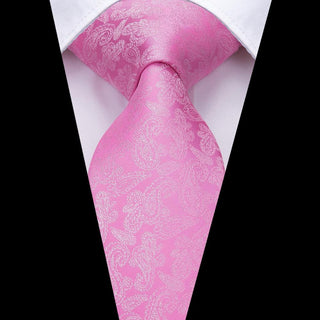Wedding Pink Floral Silk Necktie Pocket Square Cufflinks Set