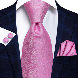 Wedding Pink Floral Silk Necktie Pocket Square Cufflinks Set