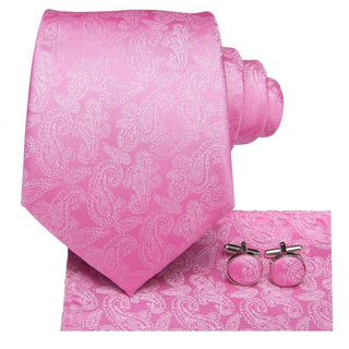 Pink Paisley Men's Silk Necktie Pocket Square Cufflinks Set