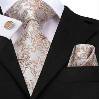 White Brown Paisley Floral Silk Necktie Pocket Square Cufflinks Set