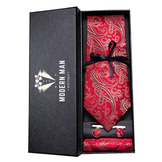 New Red Jacquard Silk Necktie Pocket Square Cufflinks Set