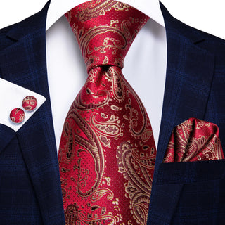 New Red Jacquard Silk Necktie Pocket Square Cufflinks Set