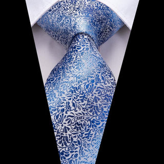 Blue White Striped Floral Silk Necktie Pocket Square Cufflinks Set