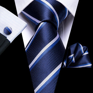 White Blue Striped Silk Necktie Pocket Square Cufflinks Set