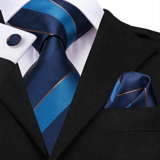 New Blue Striped Silk Necktie Pocket Square Cufflinks Set