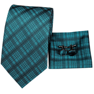 Turquoise Green Plaid Silk Necktie Pocket Square Cufflinks Set
