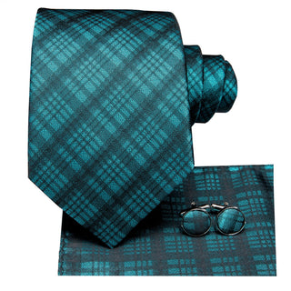 Turquoise Green Plaid Silk Necktie Pocket Square Cufflinks Set