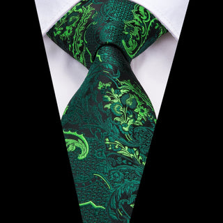 Green Paisley Silk Necktie Pocket Square Cufflinks Set