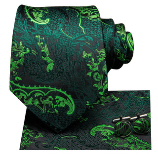 Green Paisley Silk Necktie Pocket Square Cufflinks Set