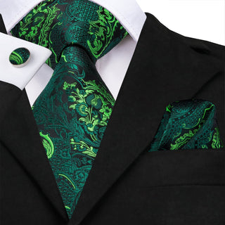 Green Paisley Silk Necktie Pocket Square Cufflinks Set