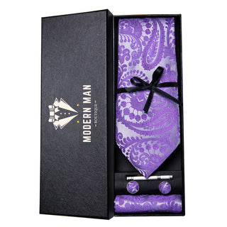 Lavender Purple Paisley Floral Silk Necktie Pocket Square Cufflinks Set