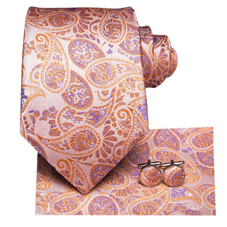Orange Purple Paisley Silk Necktie Pocket Square Cufflinks Set