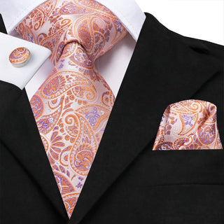 Orange Purple Paisley Silk Necktie Pocket Square Cufflinks Set