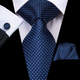 Navy Blue Dot Striped Silk Necktie Pocket Square Cufflinks Set