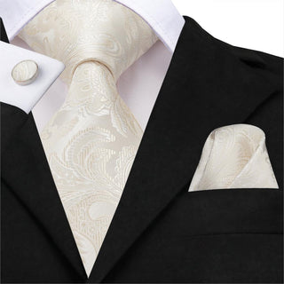 Cream Colour Paisley Floral Silk Necktie Pocket Square Cufflinks Set