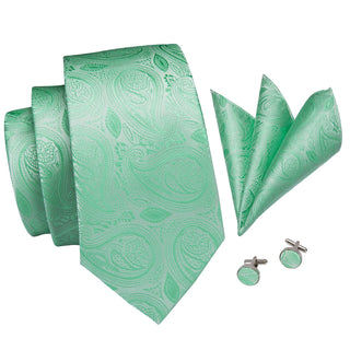 Light Green Floral Silk Necktie Pocket Square Cufflinks Set