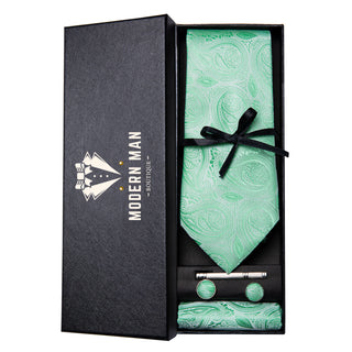 Light Green Floral Silk Necktie Pocket Square Cufflinks Set