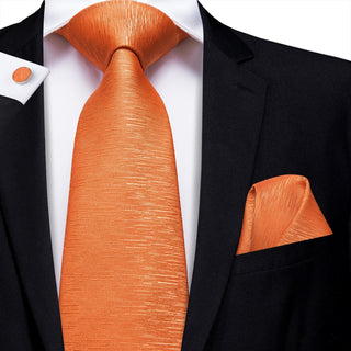 Solid Orange Novelty Pattern Silk Necktie Pocket Square Cufflinks Set