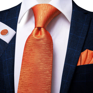 Solid Orange Novelty Pattern Silk Necktie Pocket Square Cufflinks Set