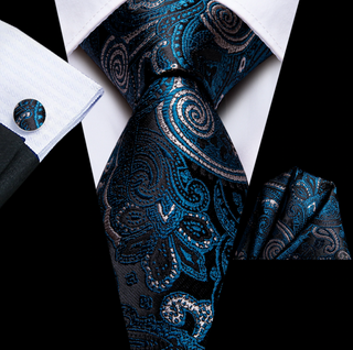 Dark Blue Black Floral Silk Necktie Pocket Square Cufflinks Set